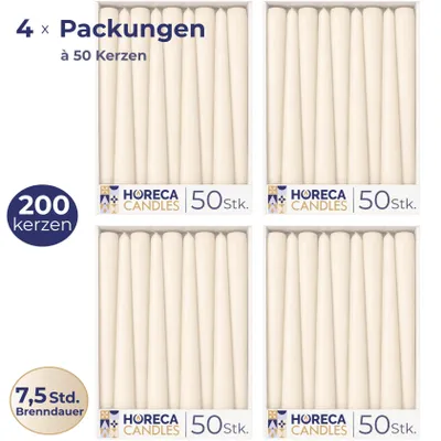 Image de HORECA CANDLES Bougies pointues ivoire, 200 pièces, Ø 2,3 x 25 cm – Bougies pour bougeoirs – Durée de combustion : 7,5 h – Ne coulent pas, ne fument pas, sans parfum