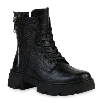 Produktbild von VAN HILL Damen Stiefeletten Plateau Boots Zipper Blockabsatz Schnürer 835653, Farbe: Schwarz, Größe: 36