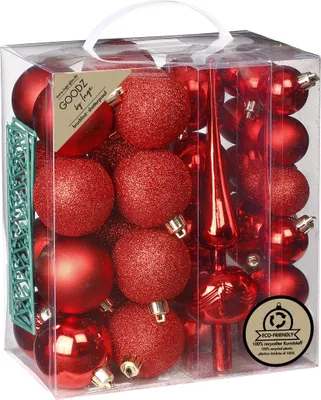 Produktbild von Weihnachtskugeln Kunststoff 4-6cm mit Baumspitze 39er Set - Rot