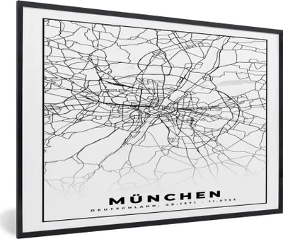 Produktbild von MuchoWow® Gerahmtes Poster München - Karte - Stadtplan 90x60 cm - Poster mit Schwarzem Bilderrahmen Wandposter Rahmen Foto Bilder - Fotorahmen - Foto-Plakat