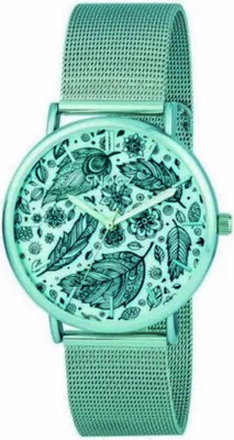 A close-up studio shot of a women's wristwatch with a mesh band and a patterned face.