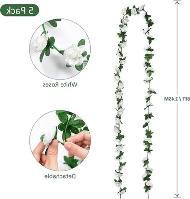 Set aus 8 Kunstblumen Girlande 150cm Weiße Seidenblumen Rosen Efeu Blumen Dekoration für Hochzeiten, Schlafzimmer, Garten