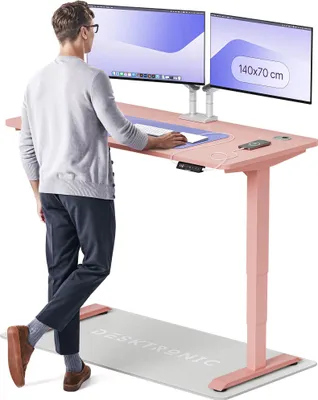 Zdjęcie produktu dla Desktronic HomePro elektryczne biurko z regulacją wysokości 140x70cm różowe/różowe z funkcją pamięci, technologią antykolizyjną, portami ładowania USB-A i USB-C