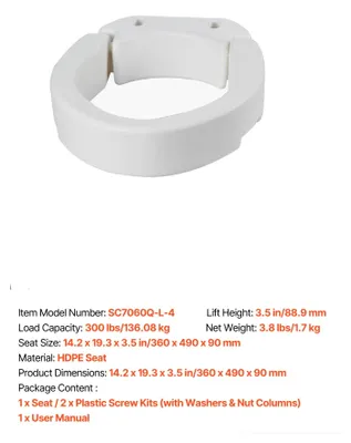 Produktbild von Erhöhter Toilettensitz, 136 kg Tragfähigkeit, 8,9 cm Erhöhung, Keine Armlehnen verlängert