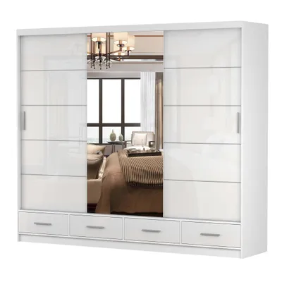 Image de Armoire à portes coulissantes Armoire 250 cm blanc/blanc semi brillant avec miroir Florence