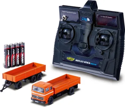 Immagine prodotto di 1:87 Mercedes-Benz 1620 con pianale e rimorchio – Modello RC 100% RTR arancione