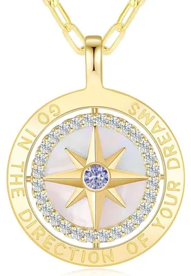 Immagine prodotto di Collana da donna in argento sterling 925, placcata in oro 14 carati, con ciondolo a bussola e zirconi bianchi. Lunghezza: 45+5 cm. Ideale come regalo