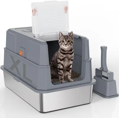 Immagine prodotto di Larga lettiera per gatti in acciaio inossidabile con coperchio orientabile a 180°, lettiera per gatti con bordi alti e coperchio, lettiera per gatti con sacchetto di carbone attivo, lettiera per gatti in acciaio inossidabile con paletta - 58,3 x 37,1 x 37,5 cm, grigio scuro