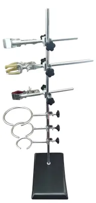 Produktbild von Laborstützstand, 60 cm Höhe, Eisenmaterial, 14 cm x 21 cm Basis, 3 Kolbenklammern, 3 Ringklammern