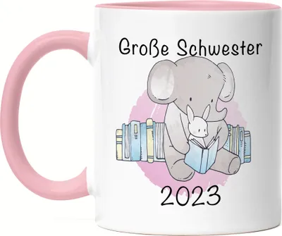 Produktbild von Große Schwester 2023 Tasse Rosa Süßes Motiv Elefant Hase Schwangerschaft Geschenkidee Baby-News