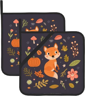 Produktbild von Süßer Herbstfuchs, 2er-Set Topflappen für die Küche, hitzebeständig und rutschfest, zum Kochen und Backen, 20,5 x 20,5 cm