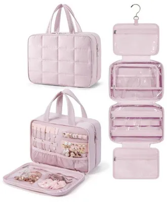 Obrázek produktu pro Cestovní kosmetická taška s organizérem na šperky, závěsná kosmetická taška, měkká, 28 × 12 × 20 cm, růžová.