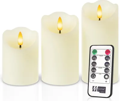 Produktbild von Meisterhome® LED Stumpenkerzen 3er-Set - LED Kerzen – Flammenlose Kerzen Rustik - Elfenbein – Warmweißes flackerndes Licht – Mit Fernbedienung & Timer
