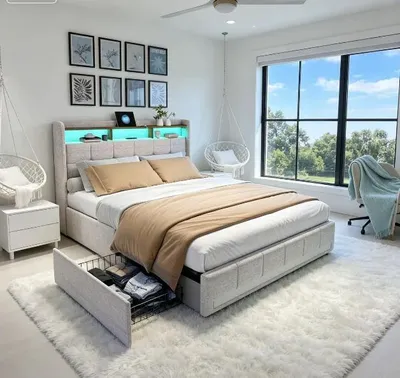 Image de Lit double avec tête de lit capitonnée - Lit 180x200 cm - Éclairage LED - Sommier à lattes - 4 tiroirs de rangement - Ports USB et Type-C - Tissu en lin beige
