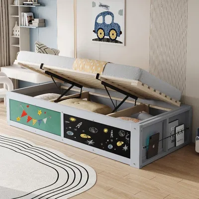 Produktbild von Kinderbett 90x200cm aus Holz mit hydraulischem Stauraum, Kreidetafel, Filztafel und seitlichem Bücherfach, grau-weiß, für Kinderzimmer