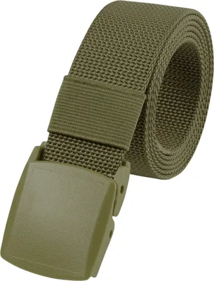 A close-up studio shot of a green belt with a plastic buckle.