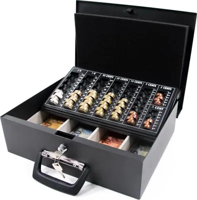 Obrázek produktu pro hjh OFFICE Pokladnička uzamykatelná SAFE I Ocelová pokladnička s deskou na počítání euromincí, 10,5 x 35,5 x 27,5 cm