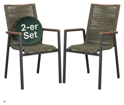 Produktbild von Gartensessel Stapelstuhl 2er Set Alicante Grün mit Teakarmlehne Gartenstuhl