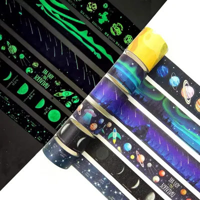 Productafbeelding van Lichtgevende Washi Tape - Glow in the dark - Knutselen en Decoratie - Ruimte thema patronen - 6 Rollen - Kleurrijk