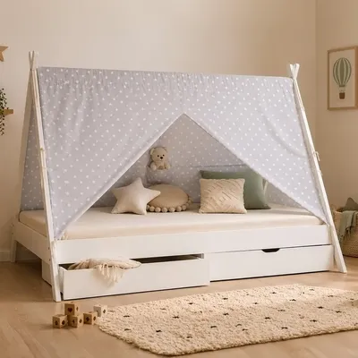 Produktbild von Homestyle4u Kinderbett 90x200 mit Matratze mit Standard 100 mit Lattenrost mit Bettkasten mit Stauraum Tipi Holzbett Hausbett