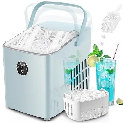 Produktbild von Eiswürfelmaschine, Eiswürfelbereiter 8 Würfel in 5 Minuten fertig, 14 KG in 24 Stunden, Selbstreinigende Kleine Eiswürfelmaschine, 2 Eiswürfel Größen für Küche, Büro, Bar und Party