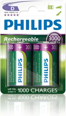 Imagen del producto de Philips Batería recargable R20B2A300/10, Batería recargable, Tipo D, Níquel-metal hidruro (NiMH), 1,2 V, 3000 mAh, Sin contenido de cadmio (Cd) ni mercurio (Hg)