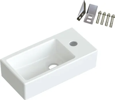 Produktbild von AQUABATOS Hängewaschbecken Keramik Waschtisch Handwaschbecken, mit Hahnloch Rechts und Stockschrauben, Ohne Überlauf, Ohne wasserhahn, Ohne ablaufventil, Weiß, Eckig 405 x 200 x 105 mm