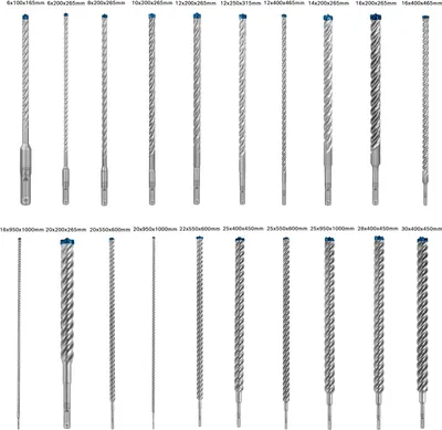 A collection of drill bits of various sizes arranged in rows.