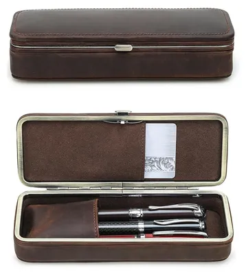 Produktbild von Lederetui mit 3 Füllfederhaltern - Vintage Federmäppchen, Kaffee Braun
