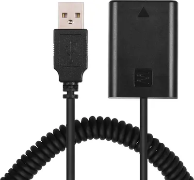 A black USB dummy battery adapter with a coiled cable and a USB connector, shown against a white background.