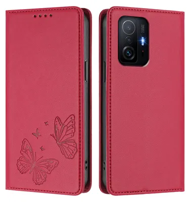 Produktbild von Lederhülle für Xiaomi 11T /Xiaomi 11T Pro, Schmetterling Prägung Leder Brieftasche Schutzhülle mit Ständer Rot