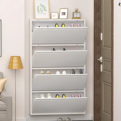 Immagine prodotto di Armadietto a muro per scarpe in metallo con 4 ante a ribalta, design stretto, ideale per l'ingresso, dimensioni 80x15,2x144,6 cm, colore bianco