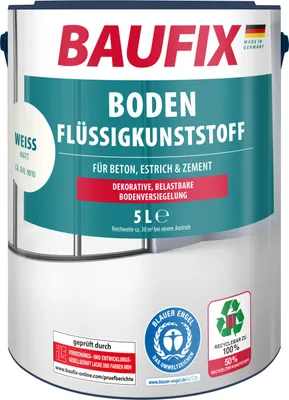 A white metal can of BAUFIX Boden-Flüssigkunststoff (floor liquid plastic) paint.