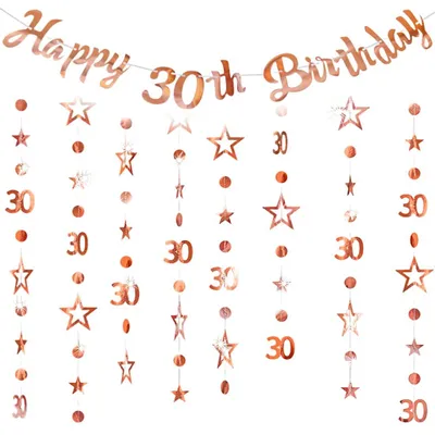 Image de Kit de décoration pour anniversaire - Avec guirlande et serpentins - Pour 30 ans - Couleur or rose