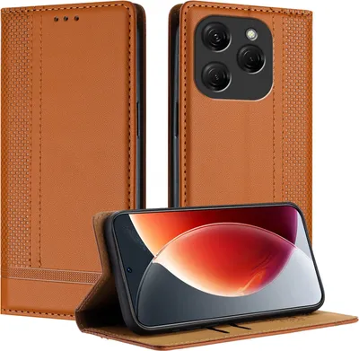 Produktbild von Handyhülle für Tecno Spark 20 Pro Leder Flip Klappbare Schutzhülle mit Standfunktion Braun