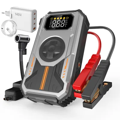 Produktbild von 5 in1 Auto Starthilfe 6000A Spitze 12000mAh Jump Starter Starthilfekabel mit 150PSI Luftkompressor, Powerbank, mit PD-140W Schnellladegerät Adapter