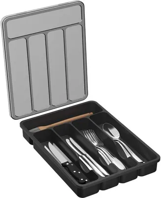 Produktbild von Famanu Bestecklade Organizer mit Deckel - Klein, 5 Fächer, Schwarz