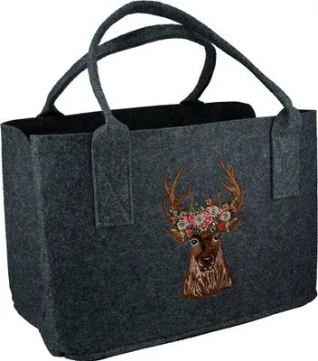 Produktbild von Gilde Tasche, rechteckig, "Hirschkopf mit Blumen", Hirschmotiv, Filz, hellgrau, dunkelgrau, L. 40 cm, B. 25 cm, H. 26 cm 44078 4063387440780 2 Stück (2-fach sortiert)