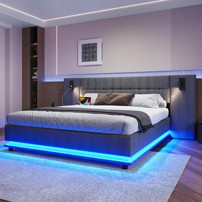 Produktbild von Sweiko Polsterbett, 180x200cm, mit LED-Leiste, Kopfteil mit Spot, mit USB, ohne Matratze, Leinen, Grau
