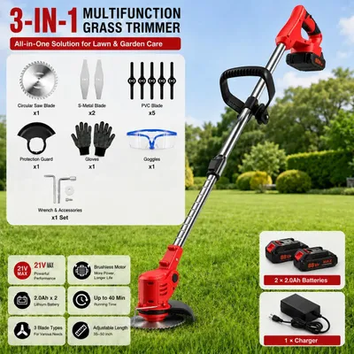 Produktbild von Akku-Rasentrimmer 21V mit 2 Batterie, Freischneider, Motorsense, mit Akku und Ladegerät, Teleskop-Stiel & Zusatzhandgriff