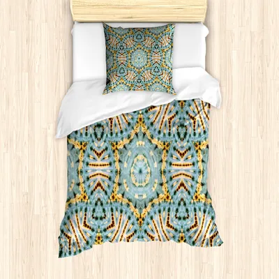 Produktbild von ABAKUHAUS Boho Mantele, Tribal Bohemian, Milbensicher Allergiker geeignet mit Kissenbezügen, 135 cm x 200 cm - 80 x 80 cm, Blau Gelb
