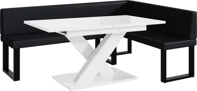 Produktbild von MEBLINI Eckbank für Esszimmer mit ausziehbarem Tisch - Küchenbank - Essecke - Sitzecke Küche - ERIC - U-Beine 142x196x87cm Rechts - Schwarz Kunstleder/B Weiß Hochgl.