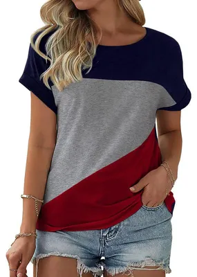 Produktbild von Damen Kurzarm-Top mit Farbblock-Design, lässiges Sommer-T-Shirt,Größe:XL