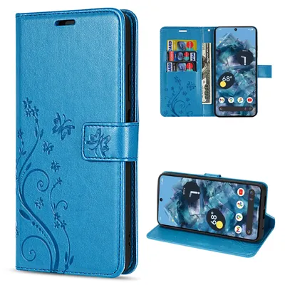 A collage of images showing a blue flip phone case with a floral design, a phone inside the case, and the case in a stand-up position.