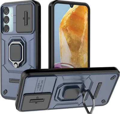 Produktbild von Hülle für Samsung Galaxy M15 Dual Layer Handyhülle Schiebe Kamera Schutz und Ringhalter Ständer Blau