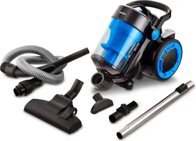 A vacuum cleaner and its accessories are displayed on a white background.