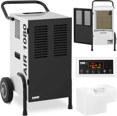 A dehumidifier and its control panel are displayed against a white background.