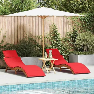 Imagen del producto de Tumbona de jardín de madera de acacia maciza, color rojo, con cojines, juego de 2 unidades, dimensiones 55 x 184 x 64 cm, respaldo ajustable, ideal para terraza o balcón