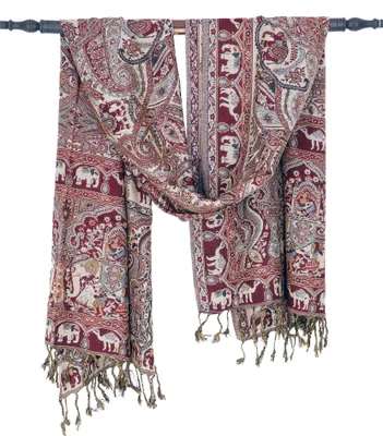 Produktbild von Indischer Pashmina Schal, Schultertuch, Boho Stola mit Paisley Muster - Weinrot, Uni, Viskose, 200*70 cm, Schals