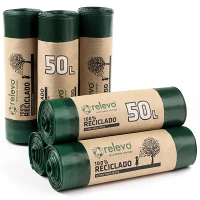Produktbild von Relevo Grüne Müllbeutel mit Zugband – 50L (B 70 cm x H 75 cm), 60 Beutel (6 Roll
